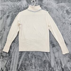 Vintage apostrophe Sweater Womens M PETITE Cream Blue Embroidered Turtleneck